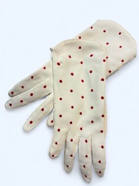 Vintage Van Raalte Red Polka Dot White Nylon Gloves - Size 6